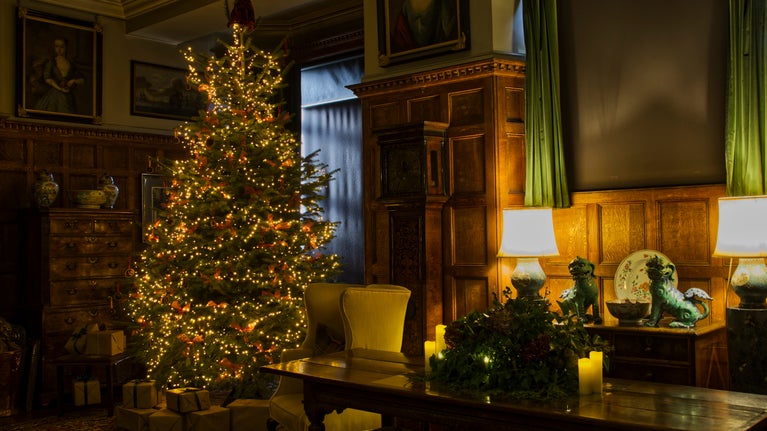 Christmas tree in the hall at Scotney Castle, Kent